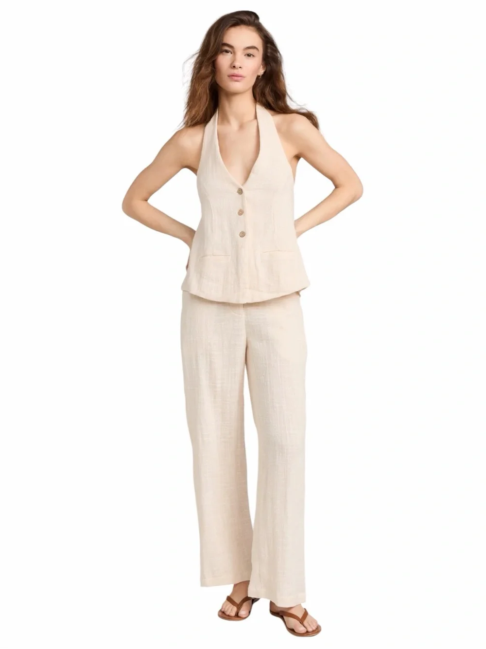 Free People Cream Linen-Blend Vest & Wide Leg Pants 2-Piece Set Size S